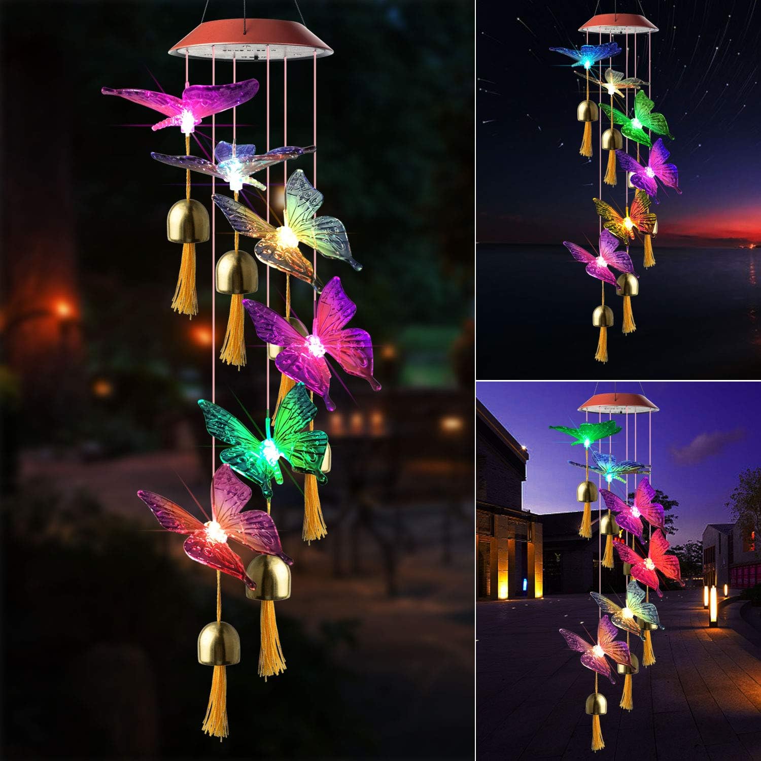 JOBOSI Red Cap Purple Butterfly Bell Wind Chimes Solar Gifts for mom, Butterfly Gifts for Women, Garden Decor, Yard Decor, Garden Gifts, Solar Wind Chime, Wind Chimes Outside