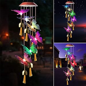 JOBOSI Red Cap Purple Butterfly Bell Wind Chimes Solar Gifts for mom, Butterfly Gifts for Women, Garden Decor, Yard Decor, Garden Gifts, Solar Wind Chime, Wind Chimes Outside