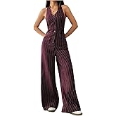 Verdusa Women's Striped Button Down Halter Jumpsuits Sleeveless High Waisted Straight Leg One Piece Dressy Rompers