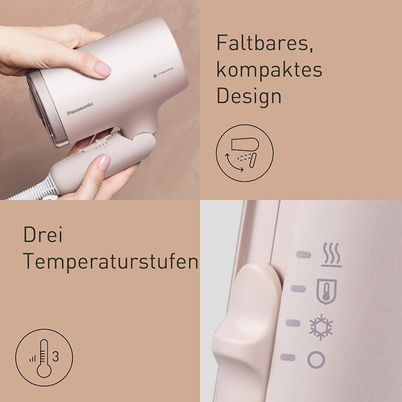 EH-NA7M-P825 nanoe Haartrockner für glänzendes Haar, faltbares Design, Schnelltrocknen, Konzentrator-Aufsatz, 1600 W, Hellrosa