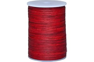 Cords Essentials Round Genuine Leather String Cord, Rope for Jewelry Making, Necklaces, Bracelets, Kumihimo Braiding, Wraps, Crafts and Hobby Projects (Distressed Blood Red, 2.0 MM)