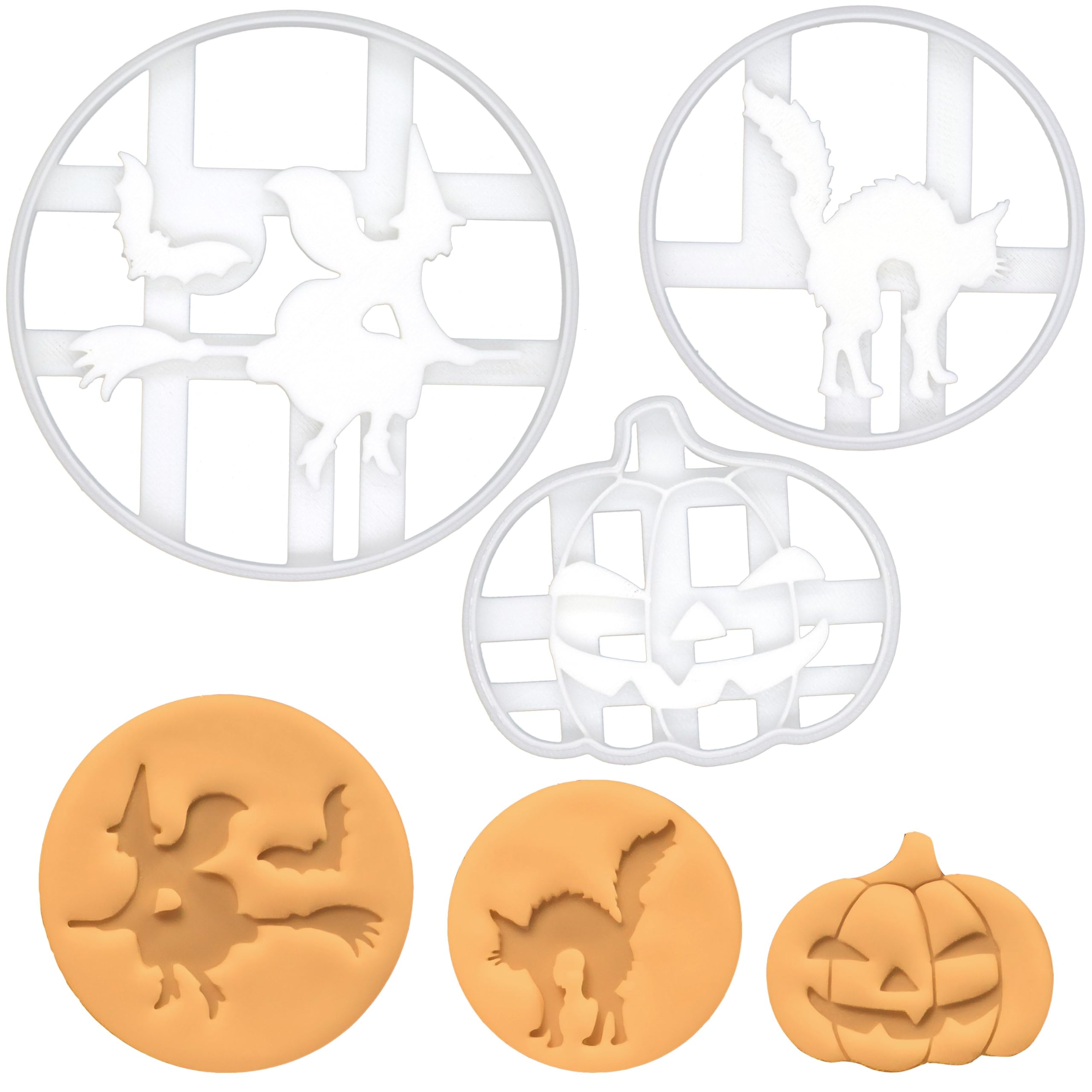Bakerlogy Set of 3 Halloween Themed Cookie Cutters (Pumpkin, Witch, Cat) - Detailed Biscuit Cutter Design for Baking and Crafts, Ideal on Fondant, Dough, Clay