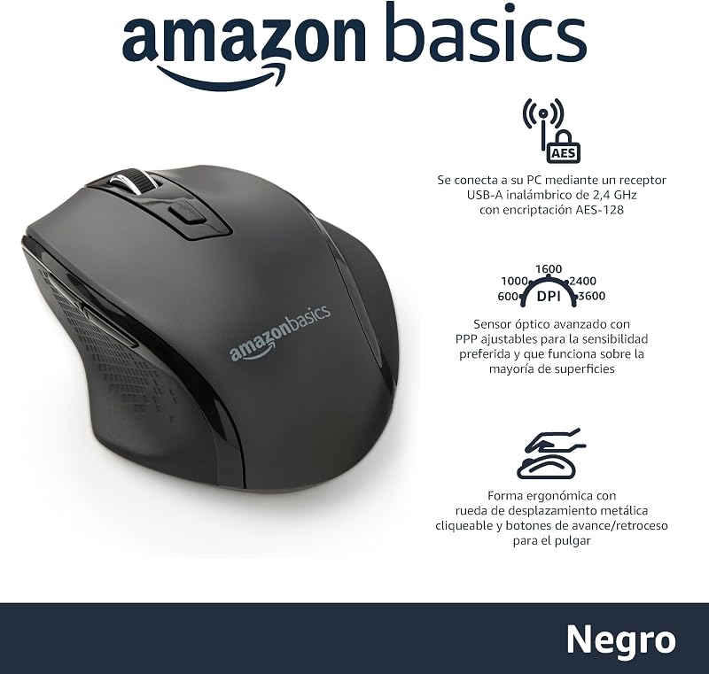 Amazon Basics Mouse sem fio ergonômico, DPI ajustável, preto
