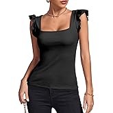 LYANER Women's Square Neck Ruffle Cap Sleeve Ribbed Knit Solid Slim Fit Tee Top
