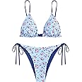 ZAFUL Women's Triangle Bikini Floral String Bikini Set Two Piece Swimsuit Bathing Suits (2-Deep Blue, S), Small