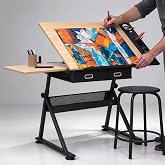 MoNiBloom 39&lsquo;&rsquo; Adjustable Drafting Table &amp; Stool Set with Storage, Natural | Versatile Art Desk and Craft Center Home Study Room Artist Desk