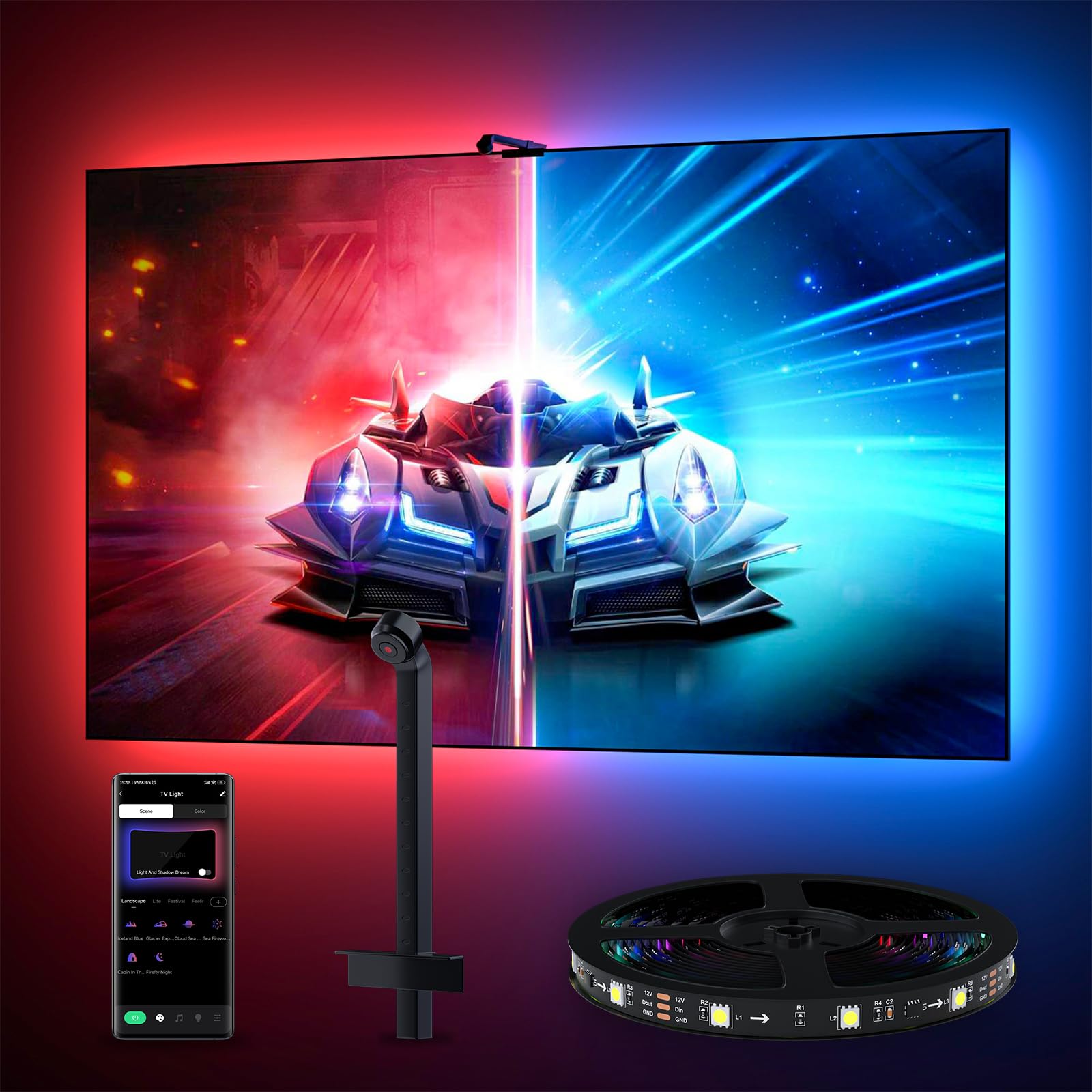 MIWATT TV LED Backlight with AR Sensor,3.8M RGB Strip Lights for 32-55 inch PC, TV & Monitor, Smart TV Lights Behind That Sync with Screen, Compatible with App Music Sync, for Gaming Room