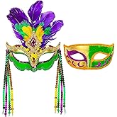 kaiolbly Mardi Masquerade Gras Mask, 2 Pieces Party Masks with Feather for Couples Carnival Decorations Halloween Cosplay Costumes Party Favors Women Men Outfits Accessories
