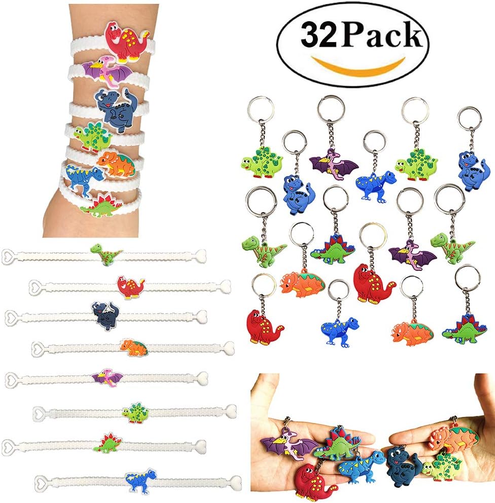 Dinosaur Birthday Party Favour Bracelet Keychain Mini Dinosaur Rubber Wristband Dinosaur Keychain Novelty Gifts 32 Pack