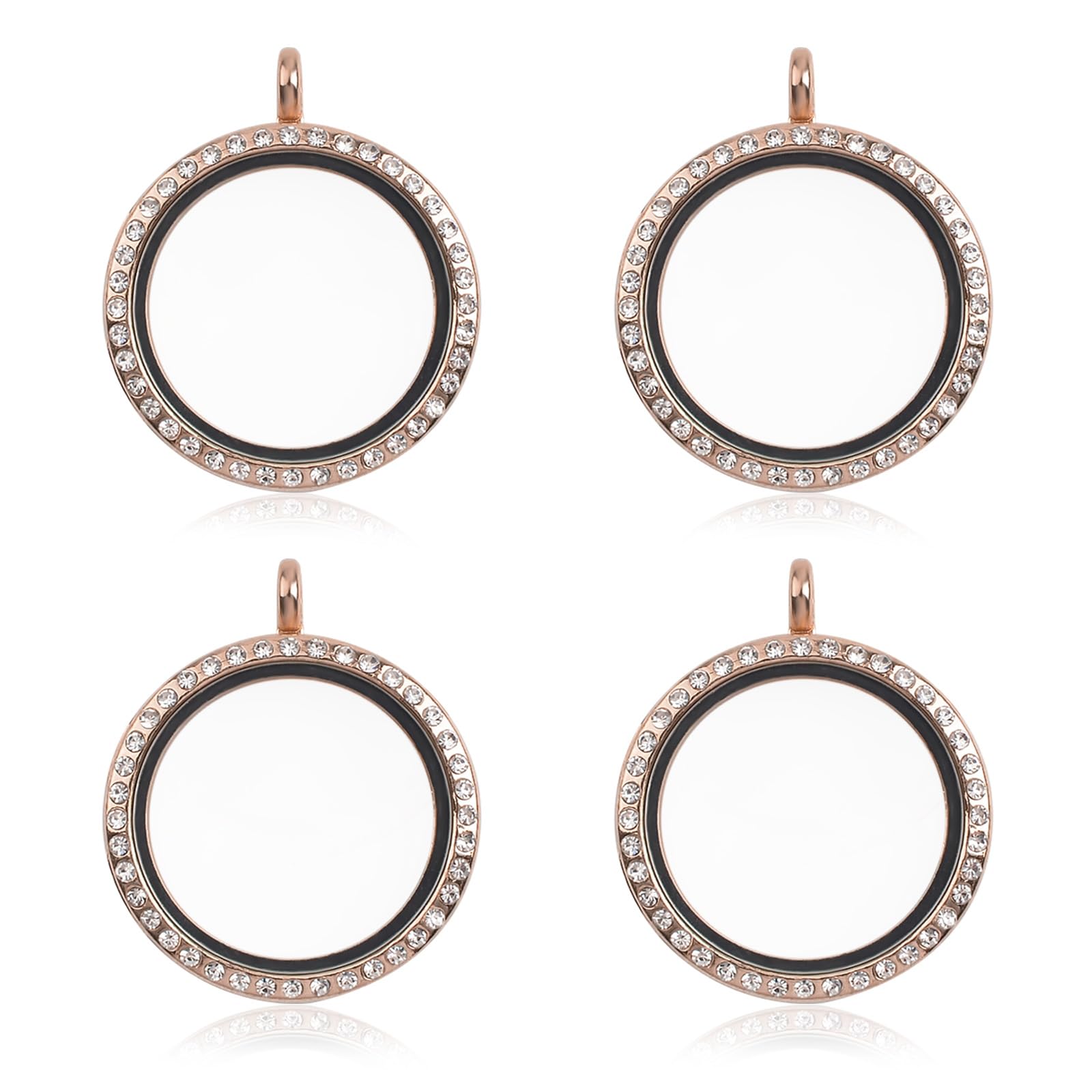WANDIC Rhinestone Photo Charm, 4 Pcs Round Rose Gold Crystal Photo Pendant Bridal Wedding Bouquet Charms Memory Locket for 2 Pictures