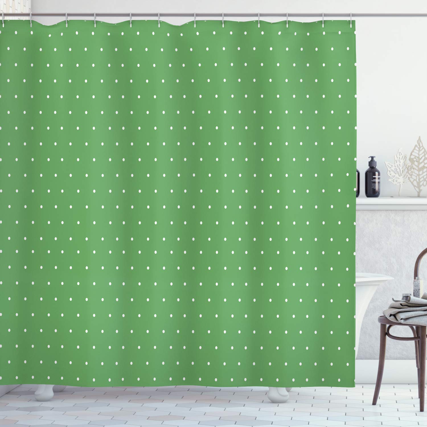 ABAKUHAUS Green Shower Curtain, 50s 60s Style Retro Vintage Inspired Simple Design with Little Polka Dots Image, Cloth Fabric Bathroom Decor Set with Hooks, 70 Inches, Green and White — image 1