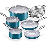 GOTHAM STEEL 15 Pc Ceramic Cookware Set, Ceramic Pots and Pans Set Non Stick with Cooking Utensils and Steamer, Non Toxic PFOA PFOS Free, Premium Stay Cool Handles, Oven & Dishwasher Safe, Blue