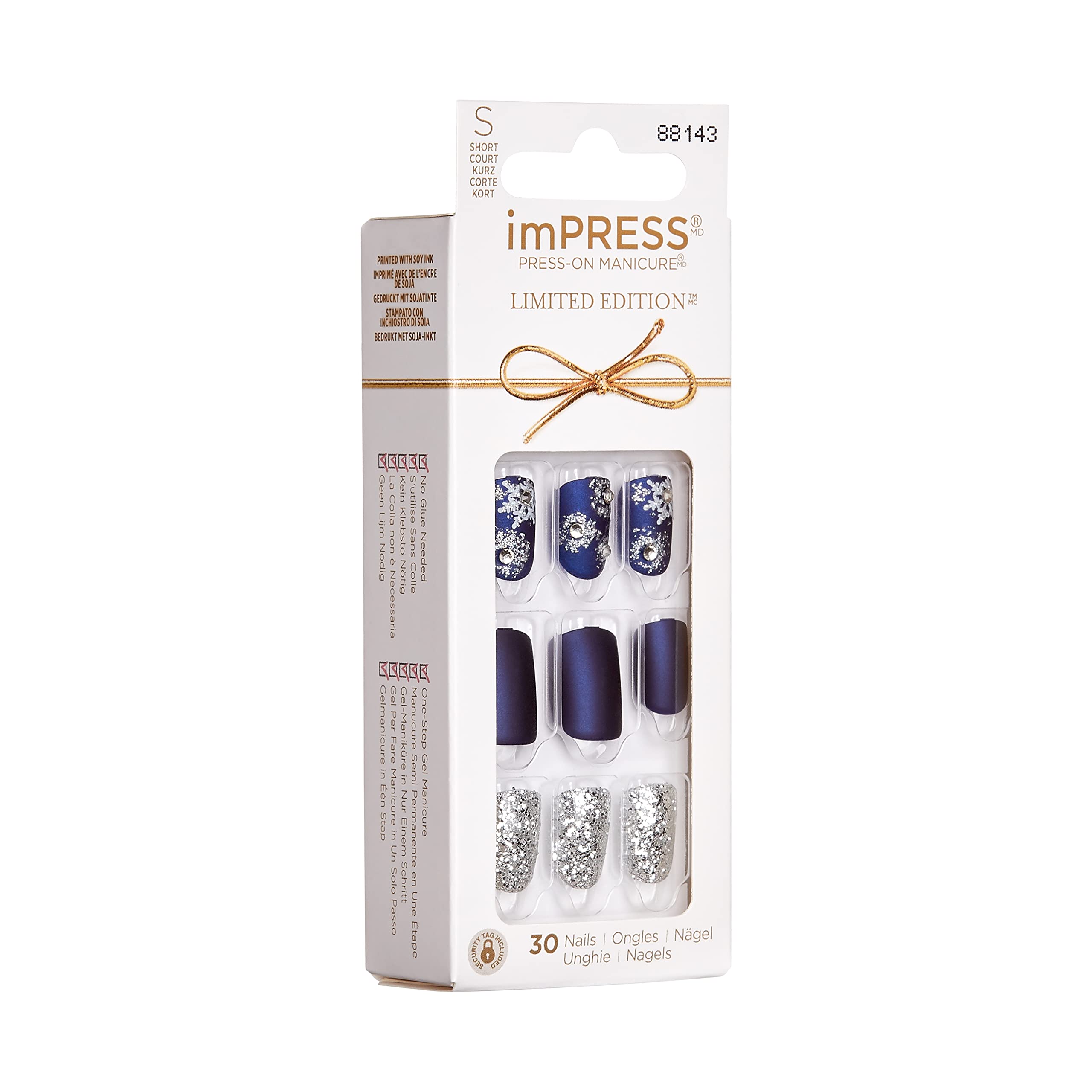 KISS imPRESS Limited Edition Holiday Press-On Manicure with PureFit Technology, Short Length, Square Shaped, Blue Press-On Nails, Style 'Feeling Pine’ - Image 2