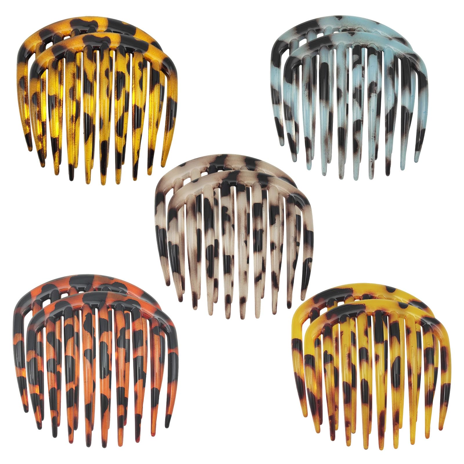 EUPSIIU 10 Pcs French Twist & Retro Celluloid Hair Comb Set, Leopard Print, Non Slip Comb Clips, Multicolour