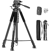 Huepar Lightweight 67.72-Inch Adjustable Laser Level Tripod with 3-Way Pan Head, Fathers Day Dad Gifts Portable Handle, Quick Release Plate with 1/4" Screw Mount &amp; 5/8" UNF Adapter Nut-Camera Tripod