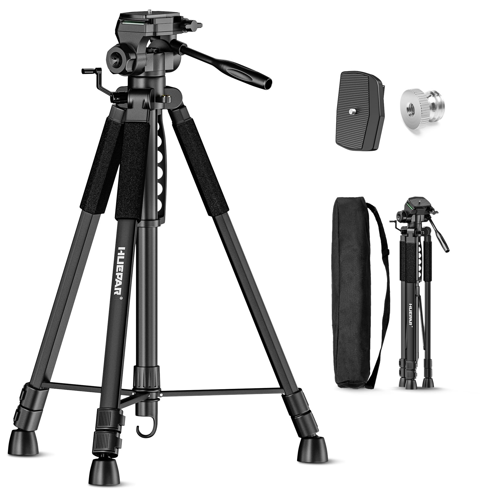 Huepar Lightweight 172cm Adjustable Laser Level Tripod with 3-Way Swivel Pan Head, Portable Handle, Bubble Level, Quick Release Plate with 1/4" Screw Mount & 5/8" UNF Adapter Nut - Camera Tripod T16A