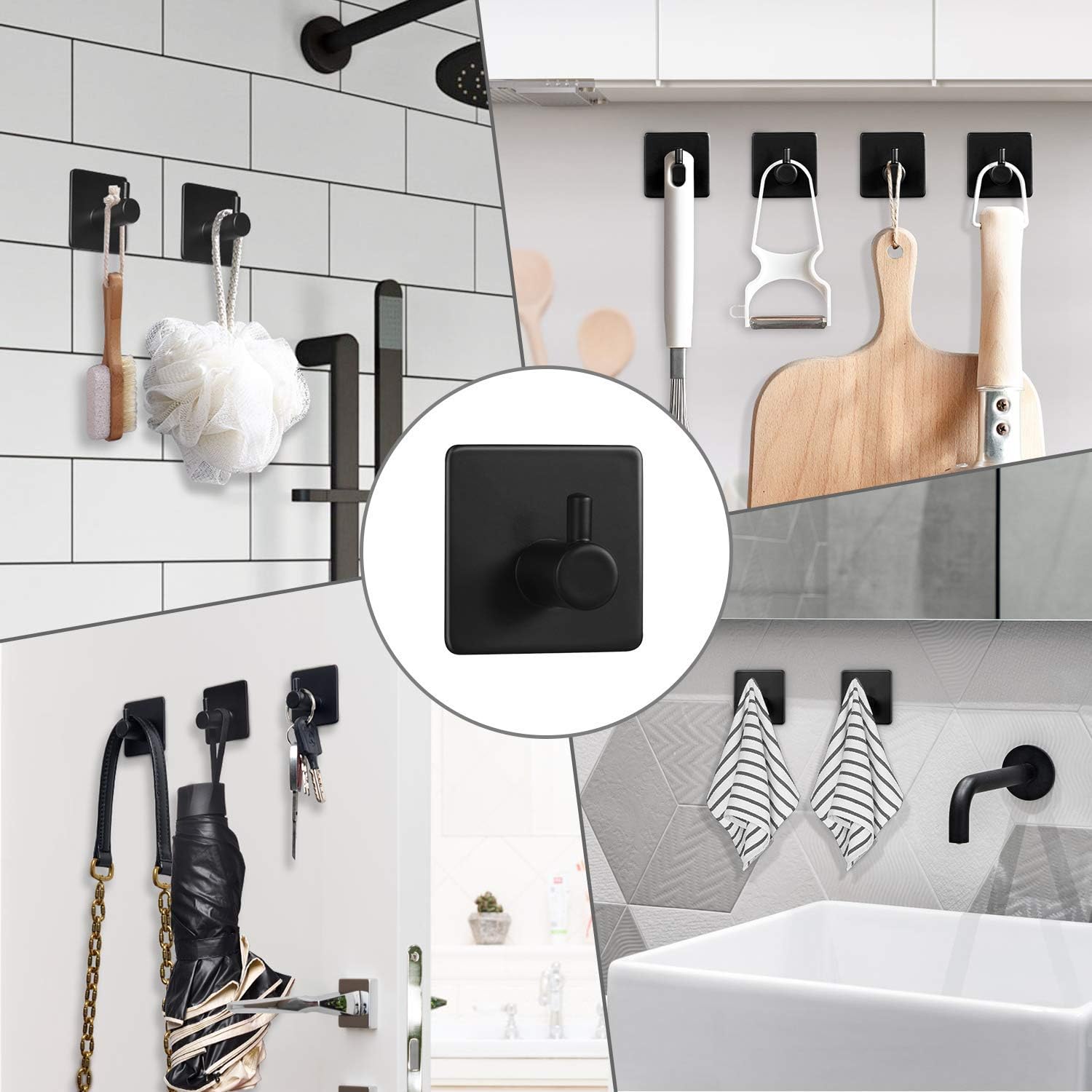 Tindbea Toilet Paper Holder with Shelf + Towel Robe Hooks, Adhesive or Screw Wall Mounted Toilet Paper Roll Holder, Stainless Steel Bathroom Hardware Set (Matte Black): Kitchen & Dining