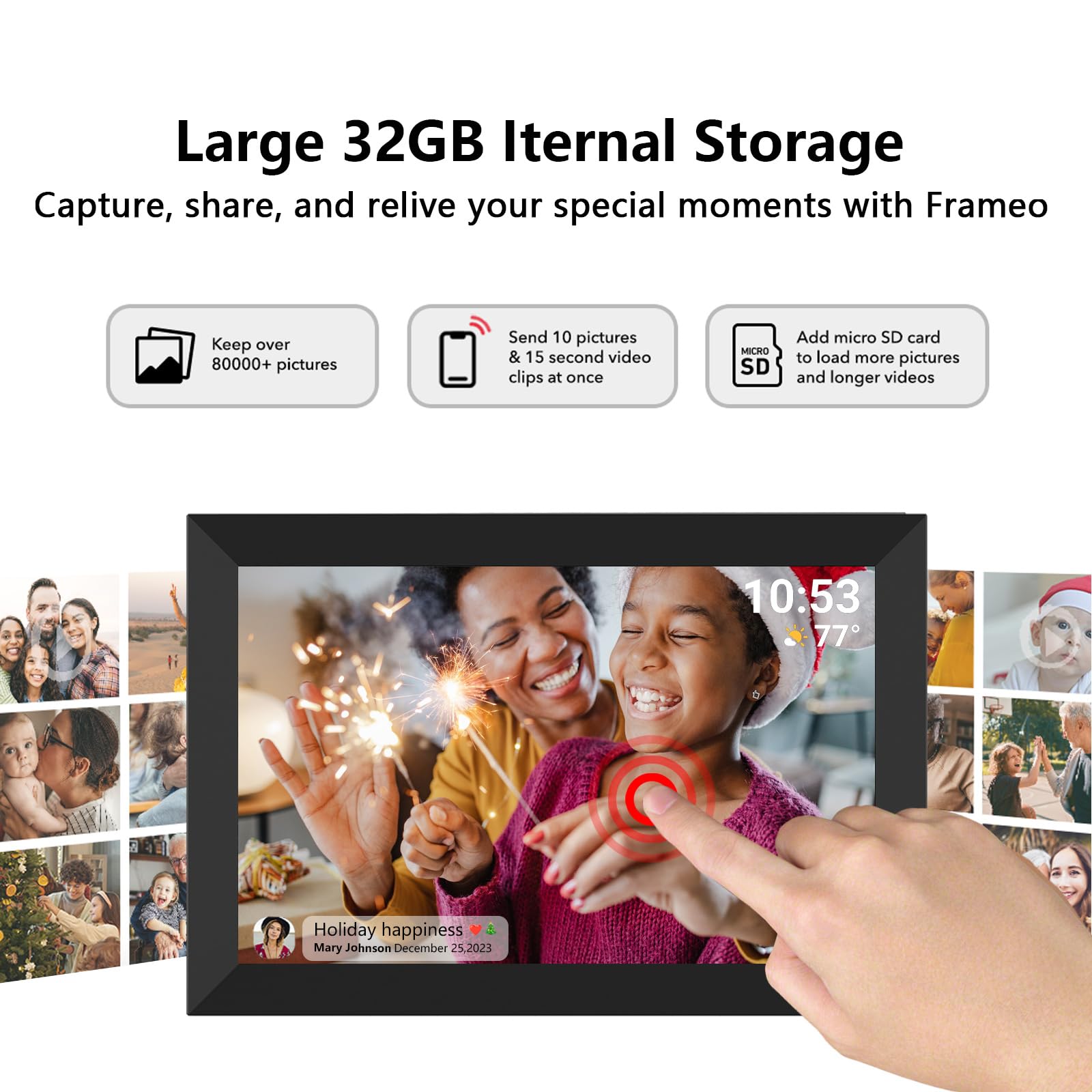 32GB FRAMEO 10.1 Inch Smart WiFi Digital Photo Frame 1280x800 IPS LCD Touch Screen, Auto-Rotate Portrait and Landscape, Built in 32GB Memory, Share Moments Instantly via Frameo App from Anywhere