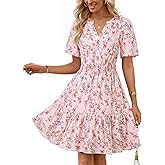 MEROKEETY Women's 2026 Spring Summer Floral Dress V Neck Short Sleeve Button A Line Boho Beach Flowy Vacation Dresses