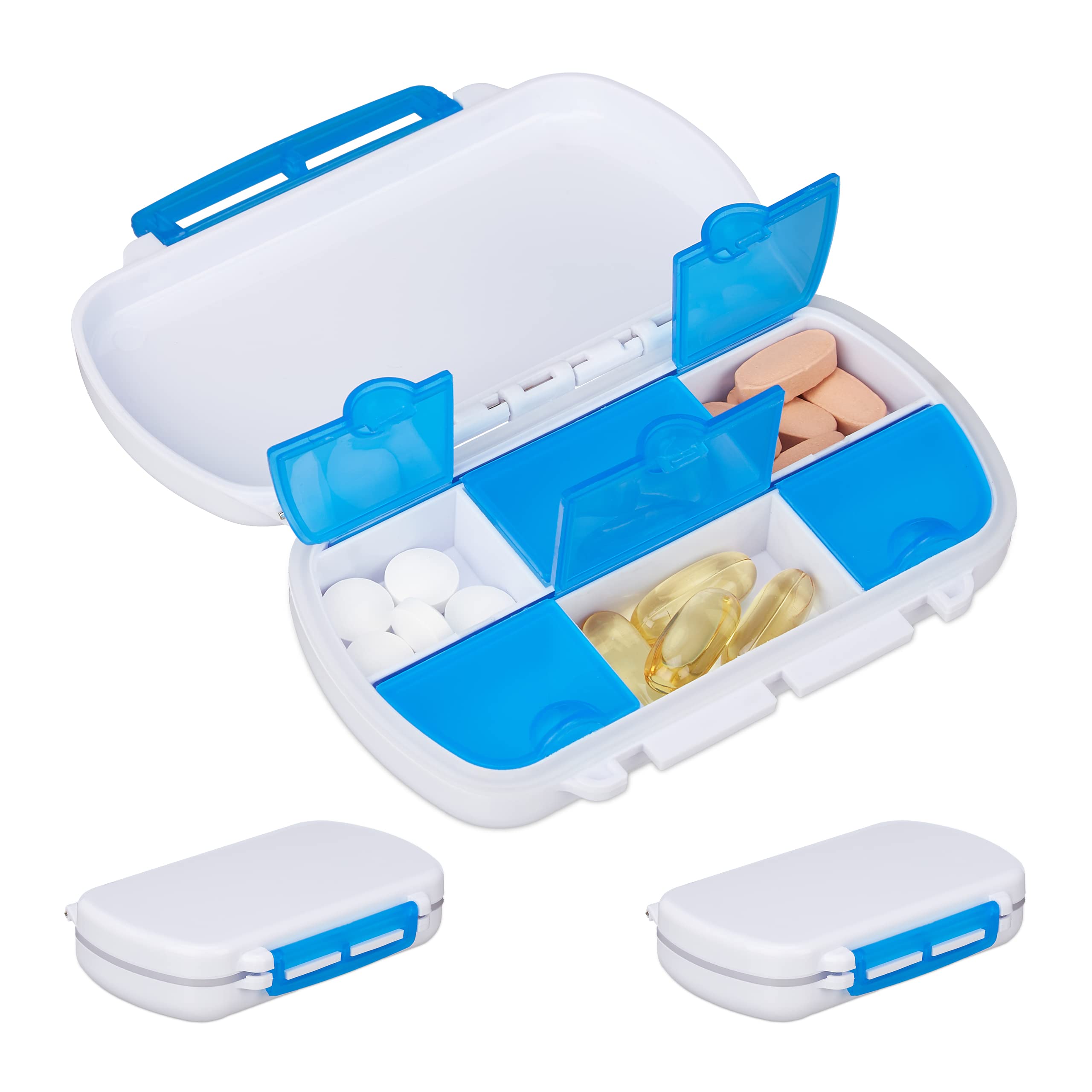 Relaxdays Pill Box Set of 3, 6 Compartments with Extra Lid, Waterproof, Plastic BPA-, Travel Pill Box, White/Blue, Pack