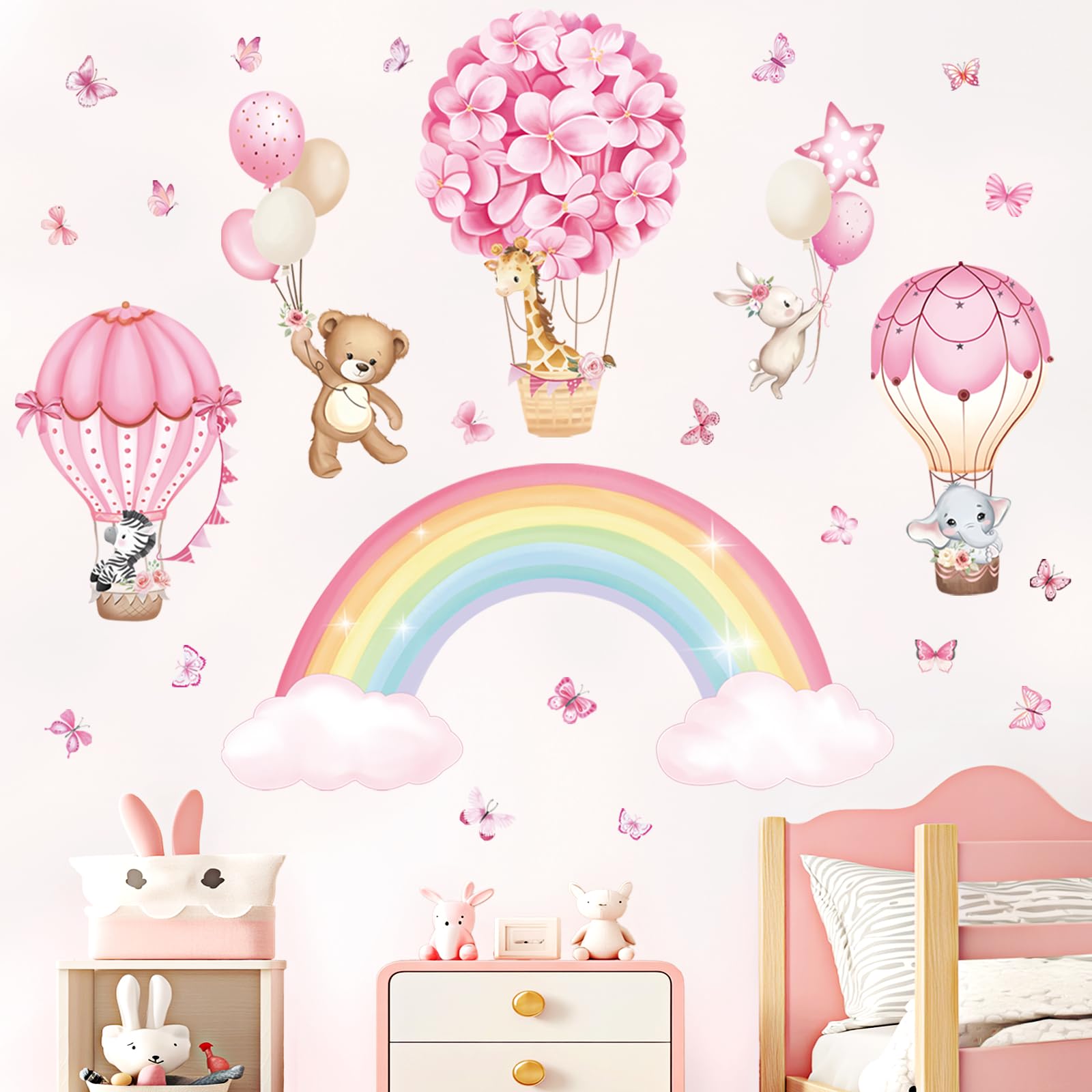 wondever Rainbow Hot Air Balloon Wall Stickers Animal Flowers Balloons Giraffe Bear Peel and Stick Wall Art Decals for Baby Nursery Girls Bedroom Toddler Room
