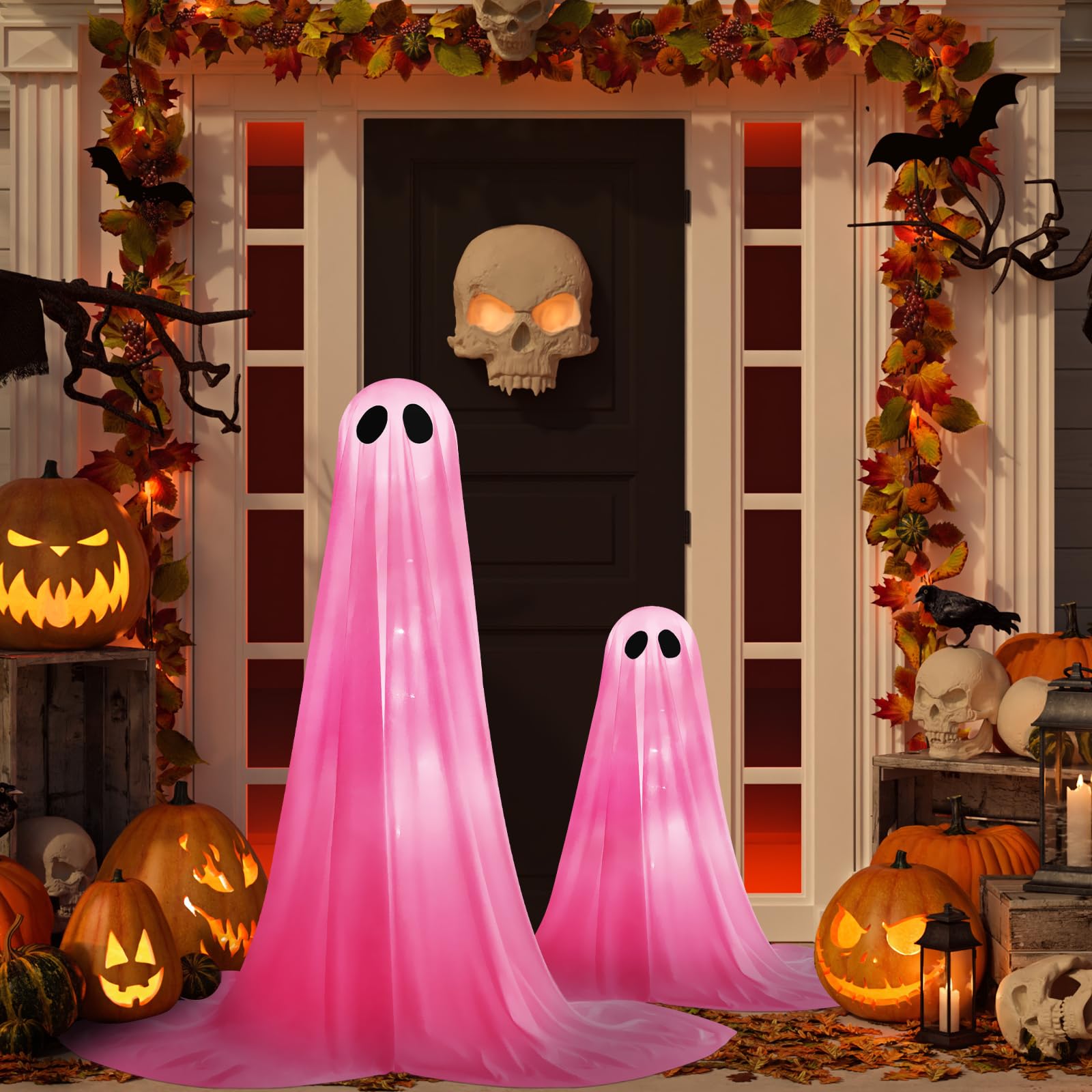 Photo 1 of 2 Pack Halloween Ghosts Outdoor Pink Spooky Ghost Decorations Outside 36'' & 18'' Tall White Light Timer Function Standing Scary Light Up Ghost Kit for Porch, Courtyard, Party, Haunted Houses (Pink)