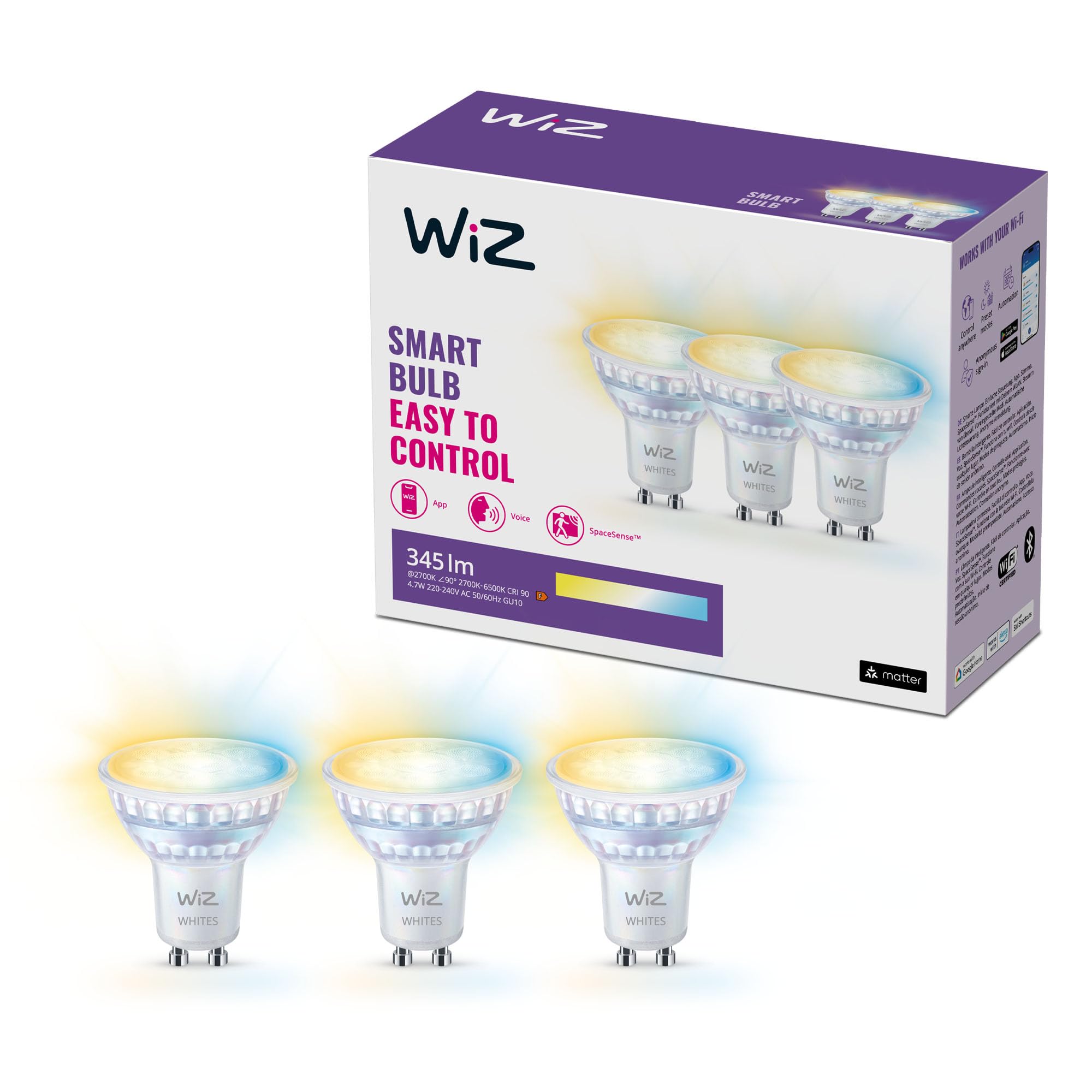WiZ Smart LED Glass Bulb, GU10, 50W, Shades of White, Smart LED Connected WiFi Works with Alexa, Google Assistant & HomeKit, App Control for Home Indoor Lighting, Bedroom, Energy Monitoring, 3 Pack