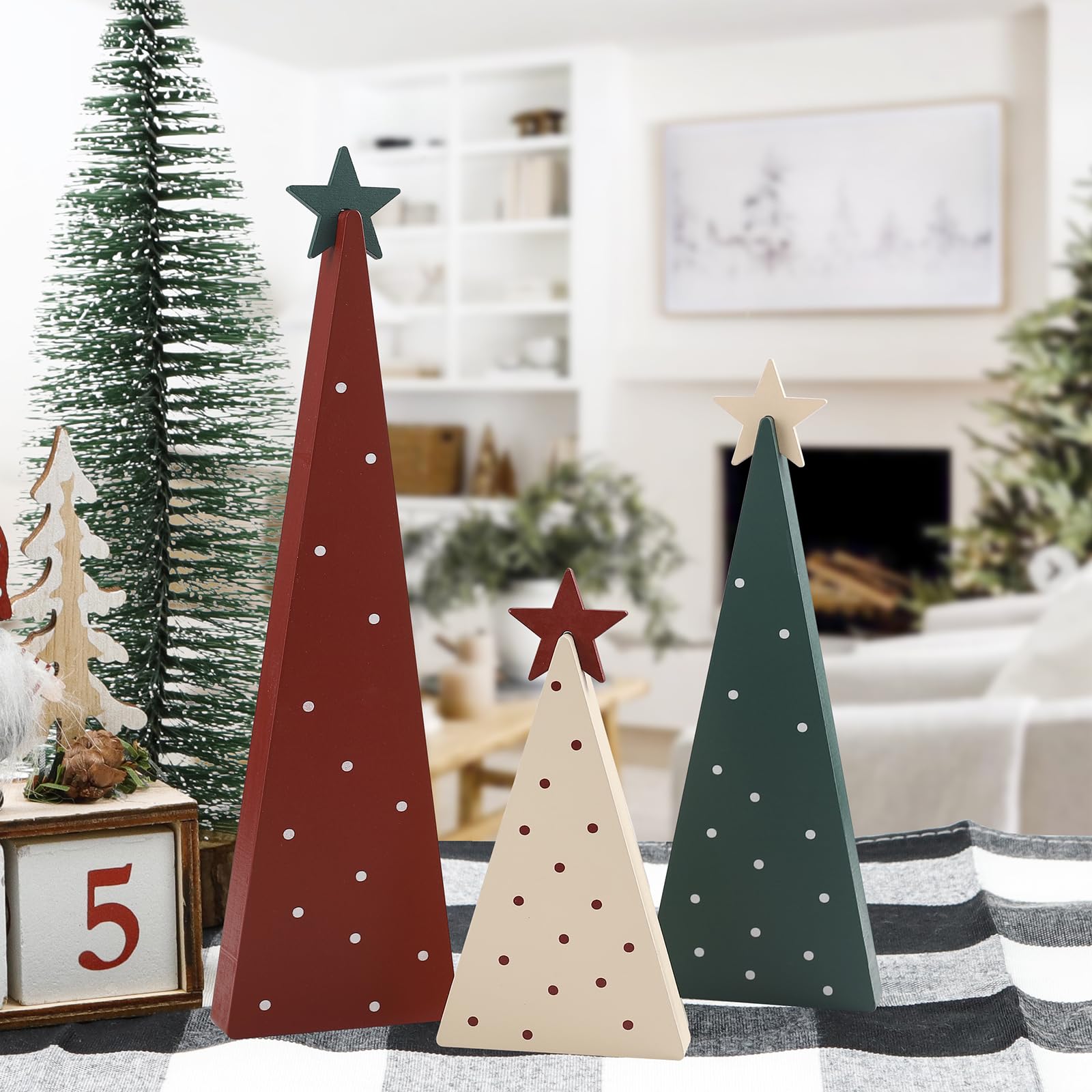 Christmas Decorations-Three Sizes Wooden Tree Sign with Star-Christmas Decorations for Home Shelf Mantel Fireplace Table Party Decor