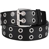 SANSTHS Women Double Grommet Studded Belts, Black Leather Belt for Women Men Punk belt