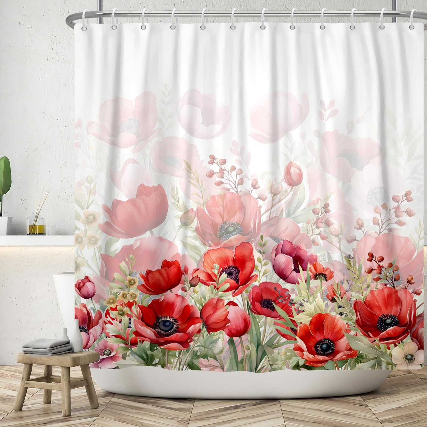 ASDCXZ Flower Shower Curtain 180x180 cm, Spring Hand Painted Red Rose Flowers Green Leaves White Bath Washable Shower Curtains Polyester Textile Waterproof Bath Curtain for Bathtub with 12 Hooks — image 1