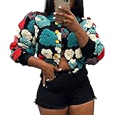 Yimoon Womens Cropped Floral Print Jacket Puff Sleeve Fleece Bomber Jacket Button Down Fall Winter Warm Outerwear