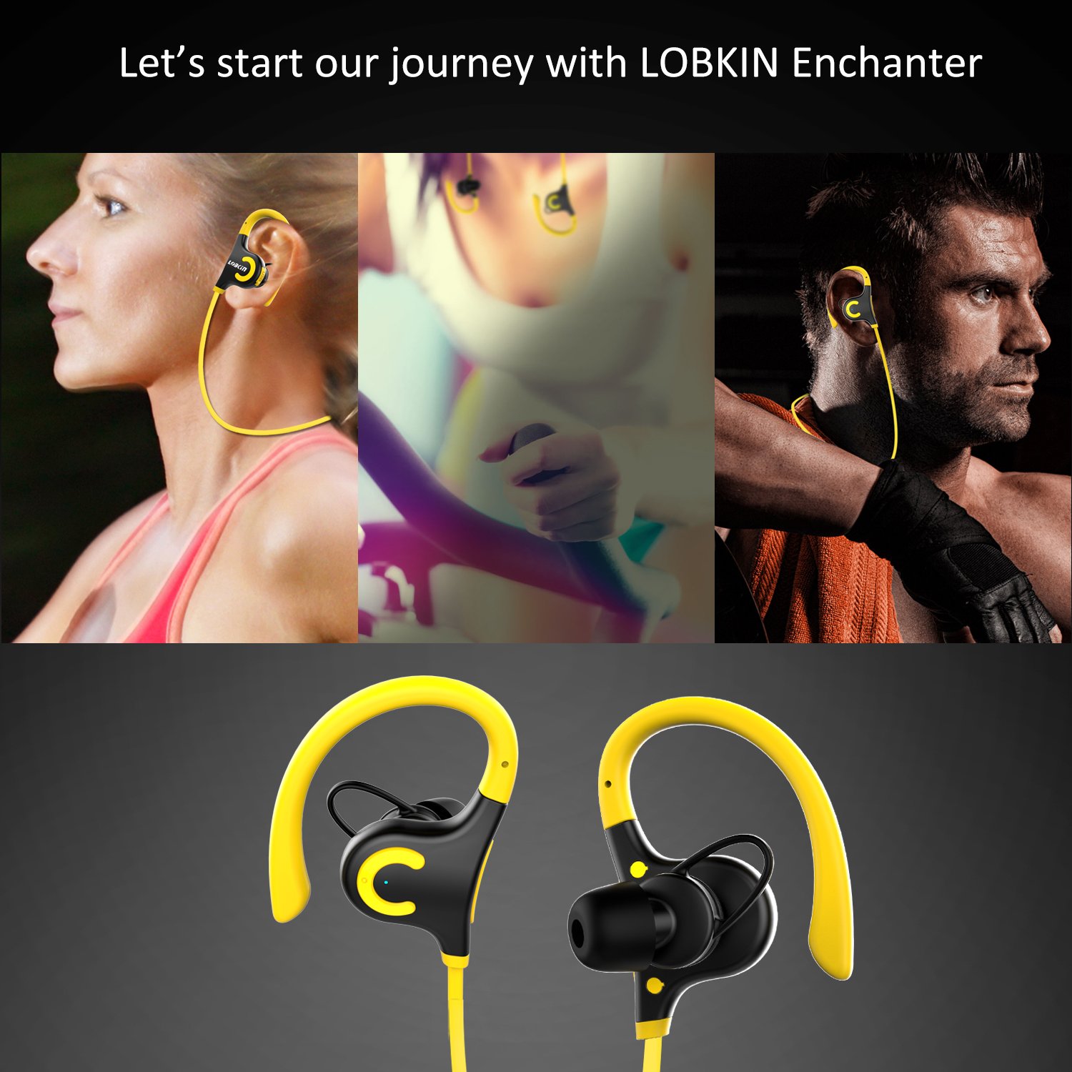 Bluetooth Headphones, Lobkin Wireless Headset Bluetooth V4.1 Stereo In Ear Earbuds Noise Cancelling Headphones Sweatproof Sports Earphones with Mic (Yellow)