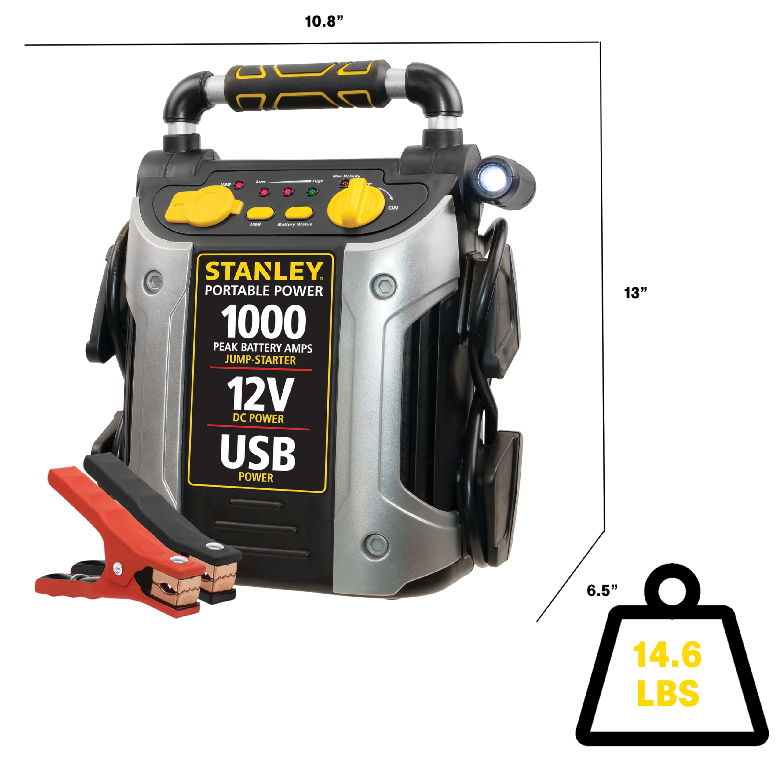 STANLEY J509 Portable Power Station Jump Starter 1000 Peak Amp Battery Booster, USB Port, Battery Clamps