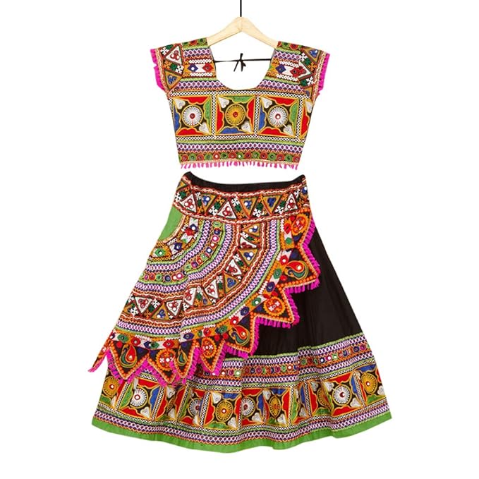 Banjara By Hopscotch Girls 100% Cotton Kutchi Embroidered Chaniya Choli in Black Color