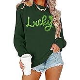 PICKID St Patricks Day Sweatshirt Women Lucky Shamrock Shirt Embroidered Striped Holiday Long Sleeve Pullover Tops