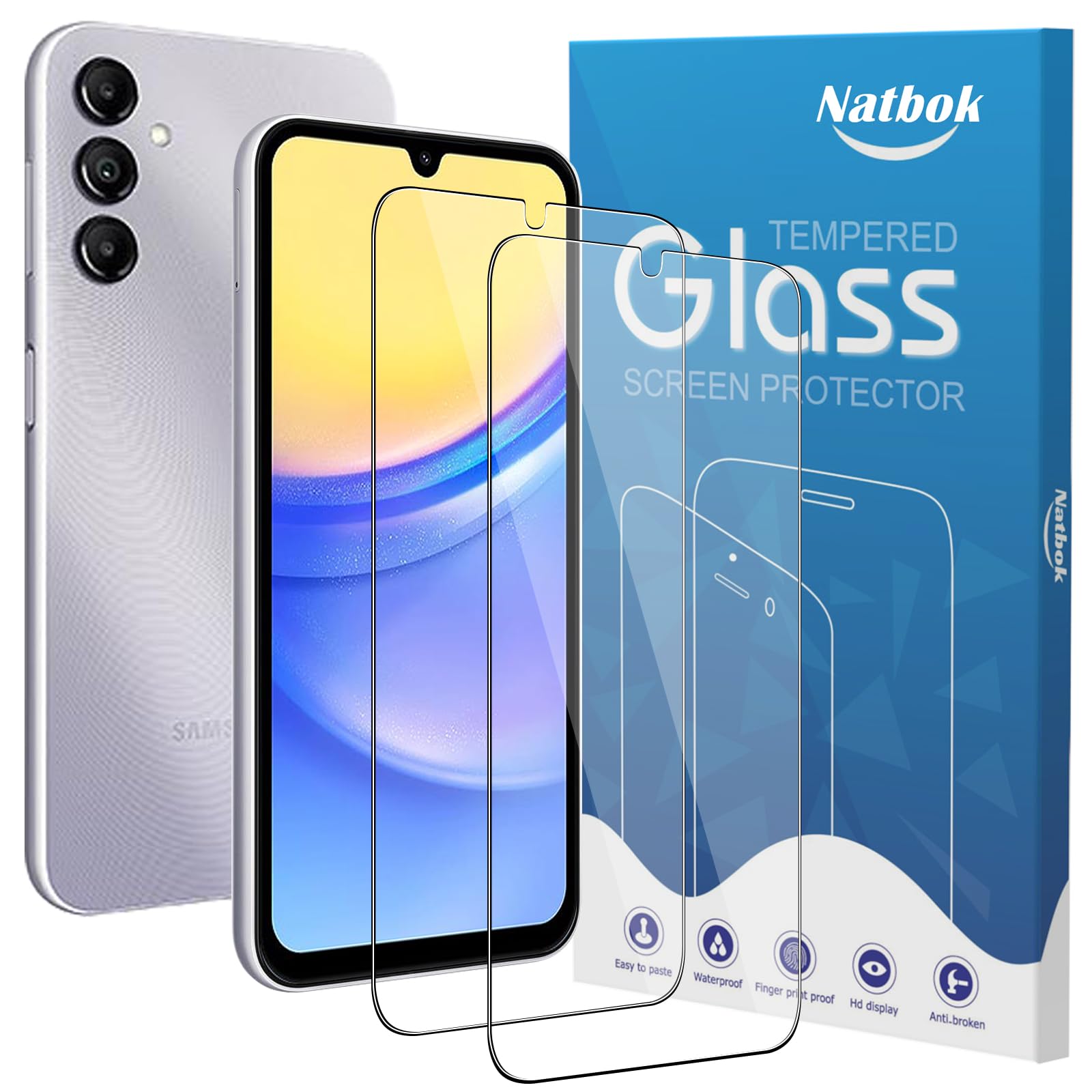 Natbok 2 Pack Compatible with Samsung Galaxy A15 5G/4G Screen Protector,Full Coverage 9H Tempered Glass Film,HD Clear Scratch Resistant,Bubble-Free for Galaxy A15(6.5 Inch) Screen Protector