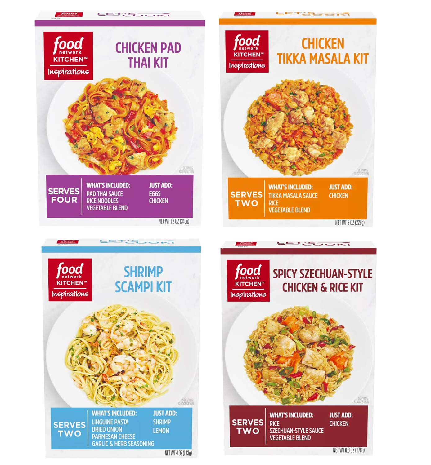 Food Network At Home Meal Kits Bundle! Includes Spicy Szechuan-Style Chicken & Rice, Chicken Tikka Masala, Shrimp Scampi and Chicken Pad Thai! Easy And Delicious Globally Inspired Meals!