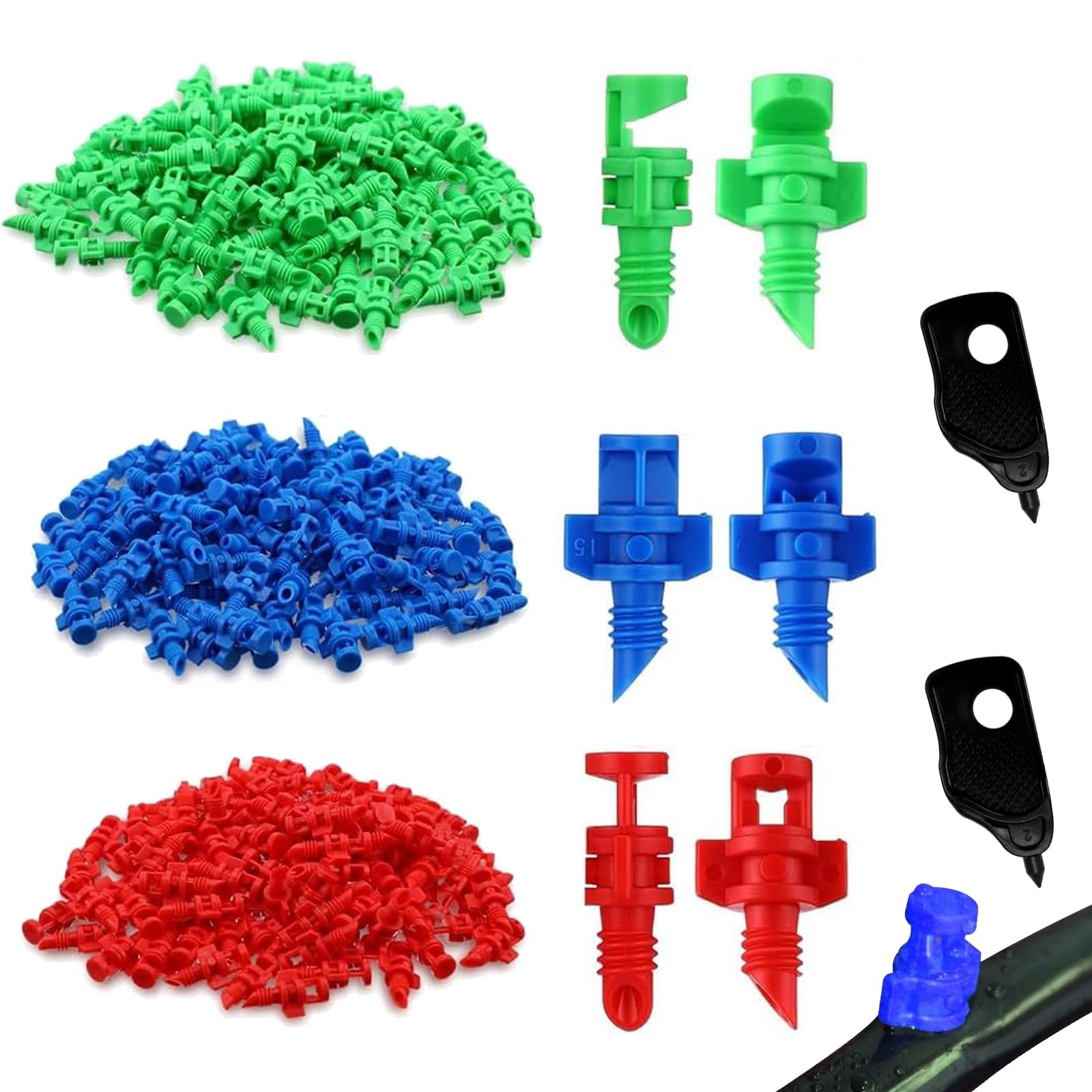 240 Pcs Drip Irrigation Emitters,Micro Sprayer Irrigation Misting Nozzles With 2 hole punchers for Plants Lawn Water Irrigation System (Blue 90 degrees,Green 180 degrees,Red 360 degrees)