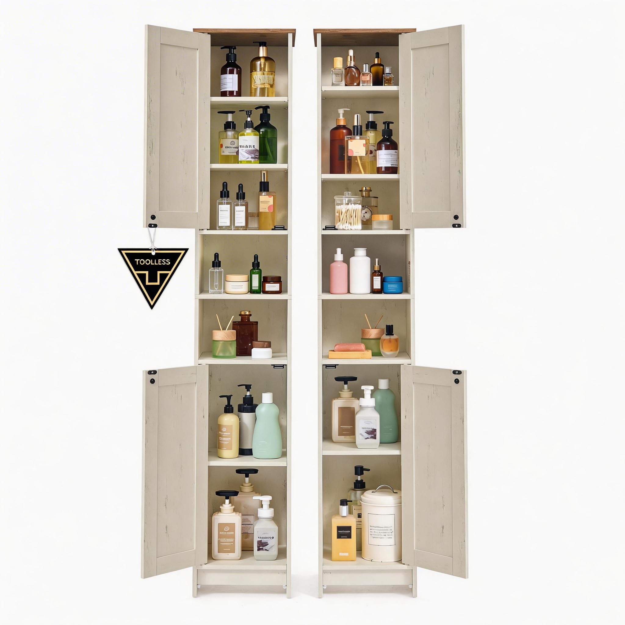 SONGMICS Home 2 Pack 67" Tall Bathroom Storage Cabinets, Superfast Toolless Assembly, 11.8" Wide Slim Narrow Freestanding Cabinet with Adjustable Shelves, for Kitchen Living Room, Rustic White Image