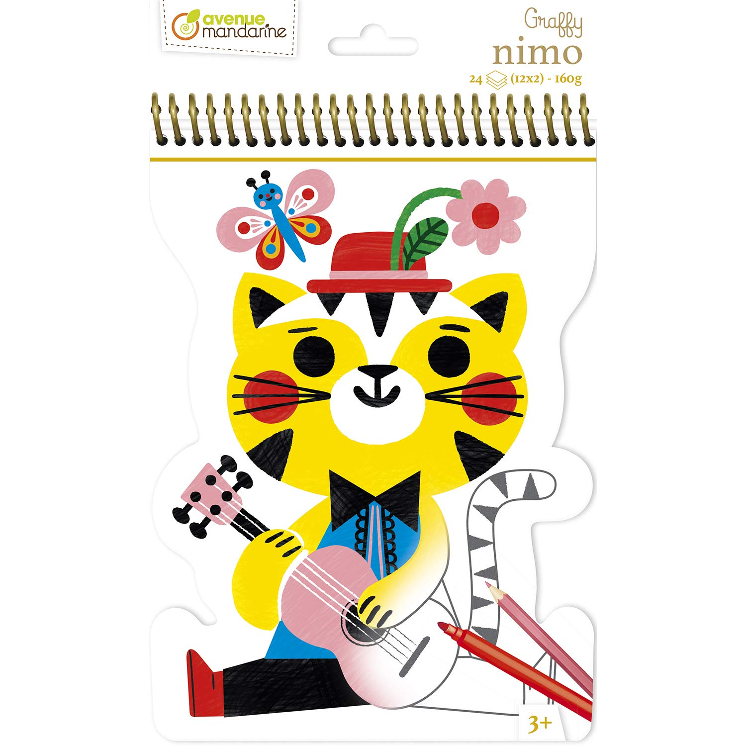 Avenue Mandarine - Ref GY110C - Graffy Nimo Spiral Colouring Book - Cat Designs - 24 Colouring Pages, 15 x 25.5cm, 160gsm Drawing Paper, 12 Designs, Suitable for Ages 3+