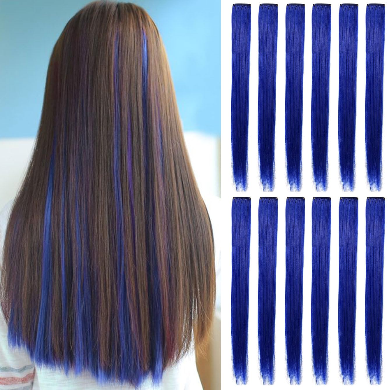 SHKJCHP 12 PSC Blue Hair Extensions Clip in Women Girls Hair Accessories 21"/55cm Long Straight Hair Heat Resistant colorful hairpieces For Women Gift Cosplay (Blue)