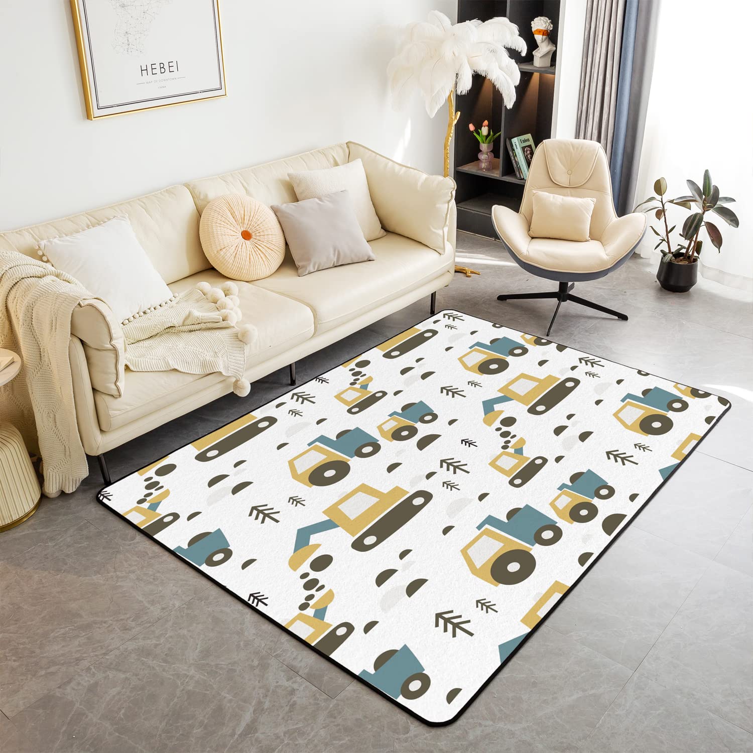 Loussiesd Boys Construction Living Room Rugs Kids Equipment Trucks Area Rug Decor Cartoon Car Botanical Tree Decorative Carpet Construction Vehicles Accent Rug 100 * 150cm