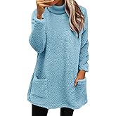 Cozy Sweaters for Women Sherpa Long Sleeve Mock Neck Tops Turtleneck Fleece Tunic Sweater with Pockets Loungewear