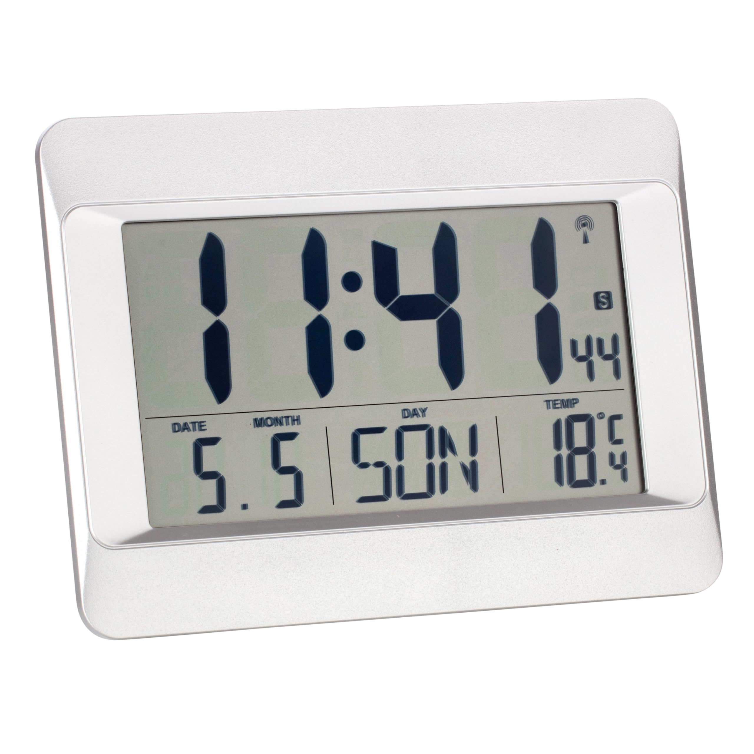 TFA Dostmann Digital Wall Clock, 60.4519, Radio-Controlled, Indoor Temp, 8 Langs, Date, Time Zone, (L) 215 x (W) 160 x (H) 26 mm (Silver)