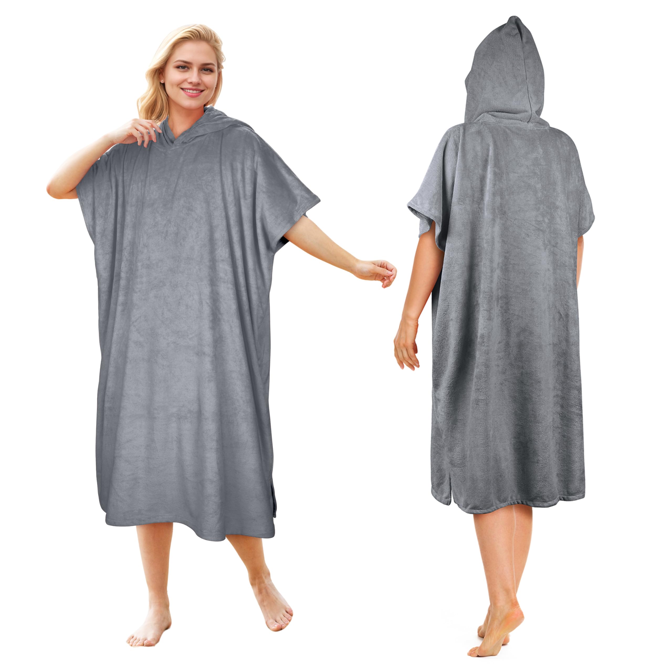 Kato Tirrinia Hooded Poncho Towel Changing Robe Adults, Surf Windproof Beach Robe Swim Towel for Outdoor Use, Super Water Absorbent Compact & Light Weight, One Size Fit Men Women Grey