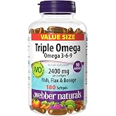 Webber Naturals Triple Omega 3 6 9 Fish Oil, 2400 mg, 180 Softgels | High Potency Omega 369 Supplement, Ultra-Purified, Supports Heart, Brain &amp; Cardiovascular Health, No Fishy Aftertaste