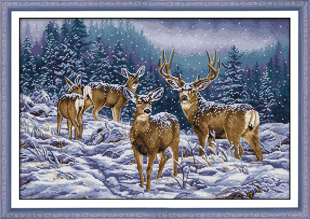 Cross Stitch Kits, Winter Deer Herd Animals Awesocrafts Easy Patterns Cross Stitching Embroidery Kit Supplies Christmas Gifts, Stamped (Deer, Stamped)