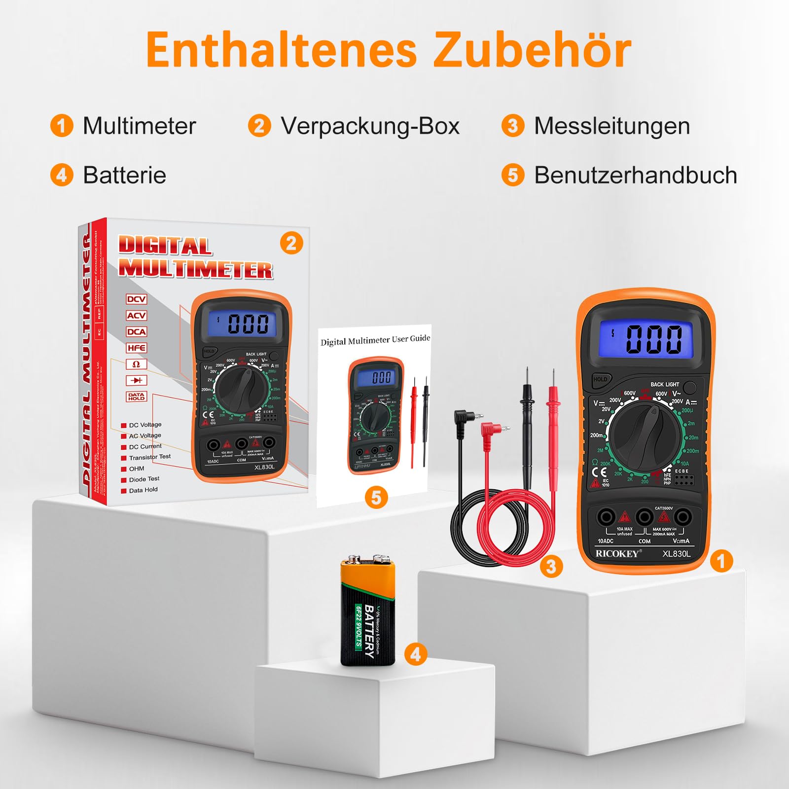 Digital Multimeter Voltmeter Batterietester Spannungsprüfer Durchgangsprüfer Ohm Volt Ampere Messgerät AC/DC Spannung Strom Widerstand Diode Transistor, Großes LCD Anzeige und Hintergrundlicht 7