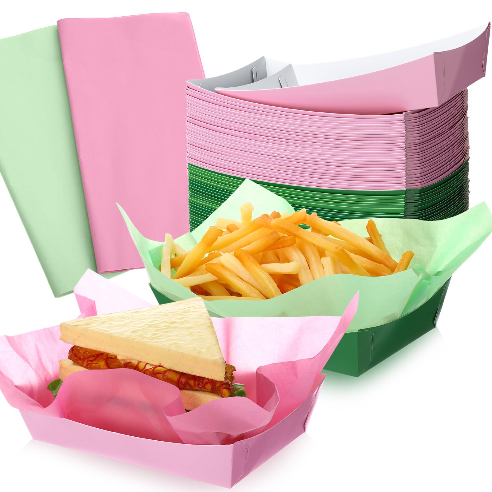 Photo 1 of 100 Pcs Witch Party Food Serving Trays and Deli Paper Sheets Pink and Green Foldable Food Boats Disposable Greaseproof Paper for Witch Princess Party Supplies Snack Container Box, Serving 50 Guests