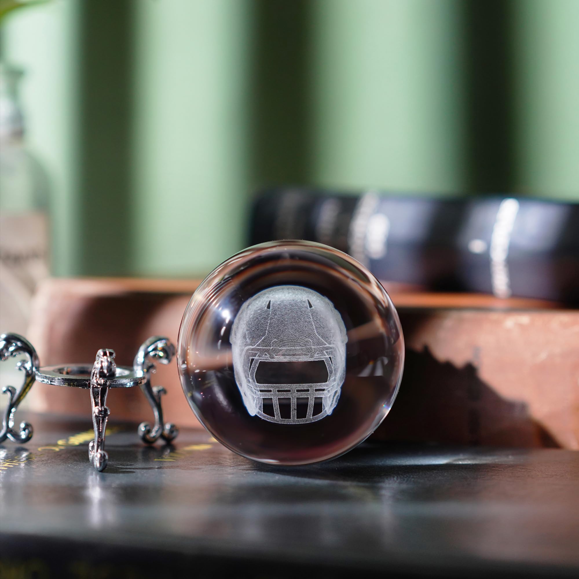 HDCRYSTALGIFTS 3D Laser Engraved Crystal Ball Paperweight with Silver-Plated Flowering Stand Handmade Decorative Ball Glass Full Sphere Home Decor Gift (2.36inch,Rugby Helmet)